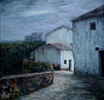 Obra de JOMAR, en el cuadro se muestra un paisaje con unas casitas en el Puerto