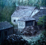 Obra de JOMAR, en la que se muestra un paisaje con una casita