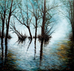 Obra de JOMAR en la que se muestra un paisaje con un bosque