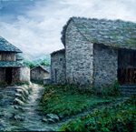 Obra de JOMAR, en el cuadro se muestra un paisaje con unas casitas