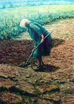 Obra de JOMAR, en la que se muestra un paisaje con una se�ora realizando labores de campo