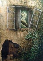 Obra de JOMAR, en el cuadro se muestra un paisaje con una casa antigua